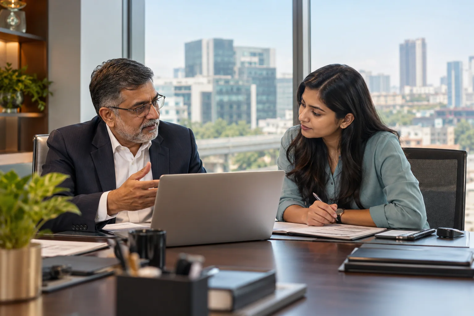 Experienced Indian business founder collaborating with a younger finance specialist