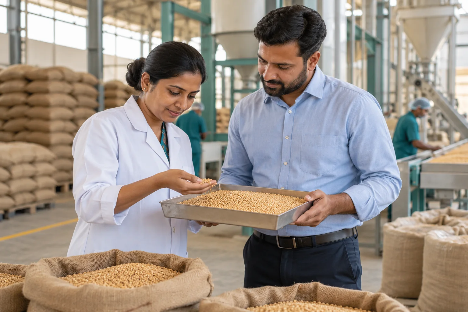 Indian quality inspector reviewing grain at an agricultural processing warehouse