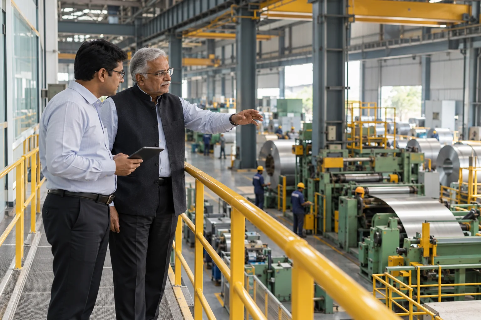 Indian business owner and adviser reviewing an established industrial facility