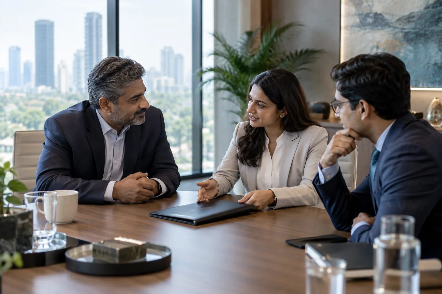 Indian business owner meeting with financial professionals