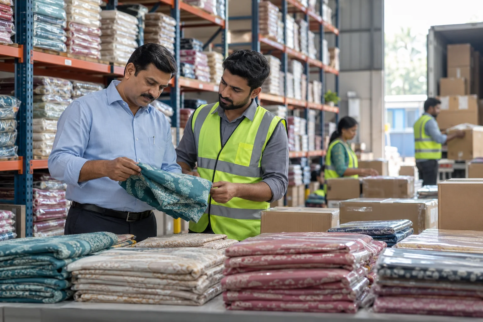 Indian textile distributor reviewing seasonal stock and dispatch
