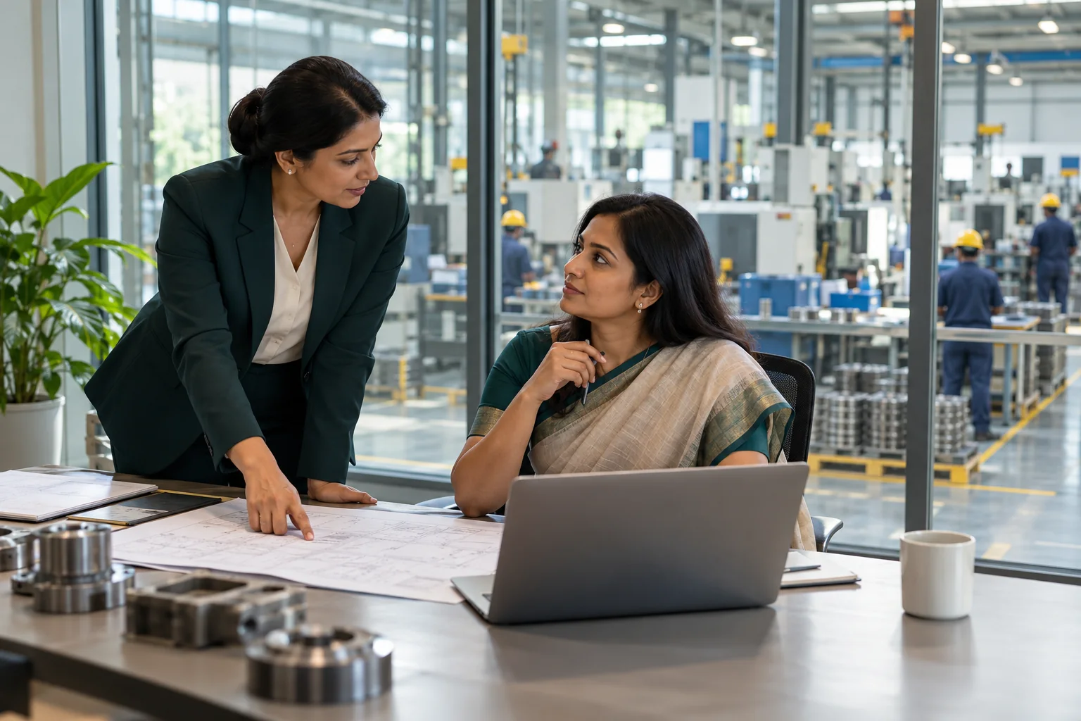 Indian finance and operations leaders overlooking a manufacturing facility