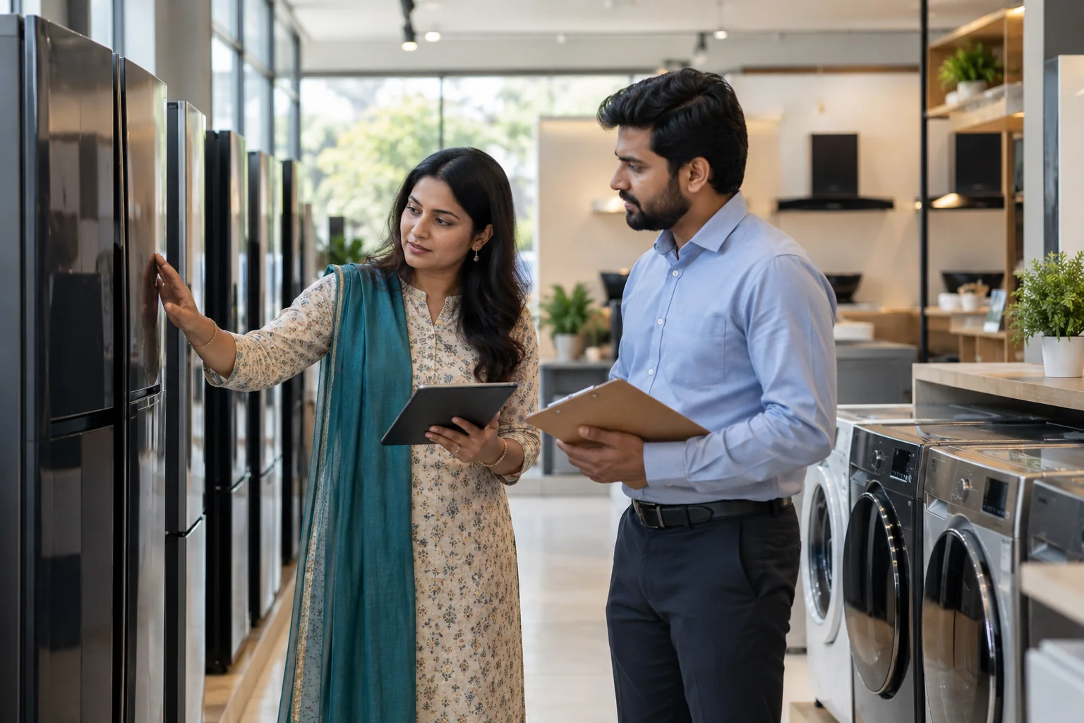 Indian retail business owners reviewing appliance inventory