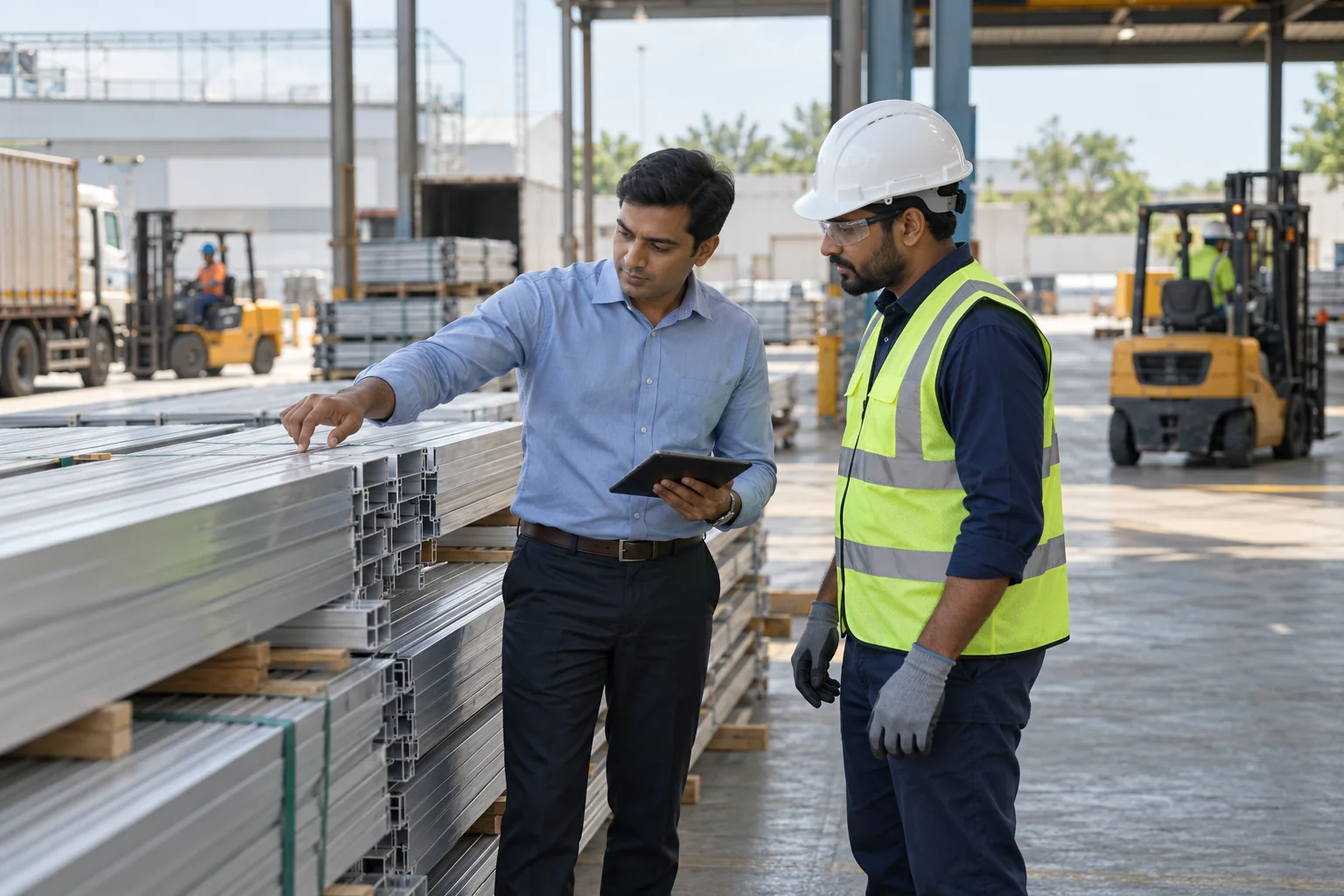 Indian procurement team inspecting raw materials at a factory receiving bay