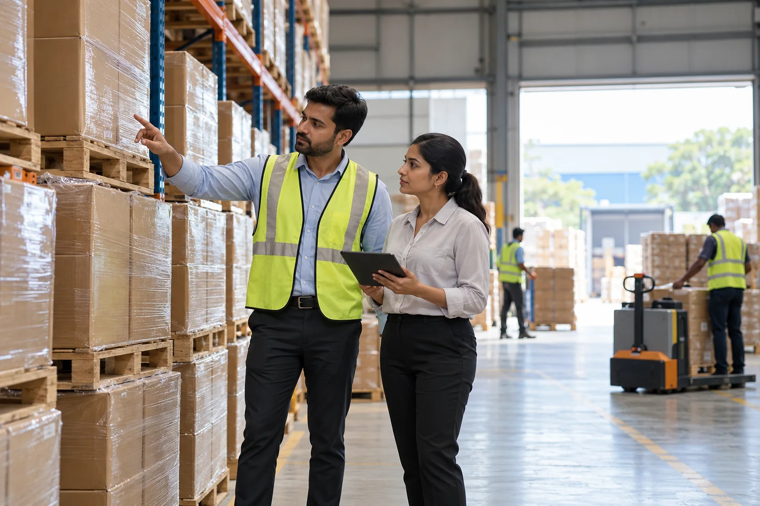 Indian logistics professionals inspecting stock in a distribution warehouse