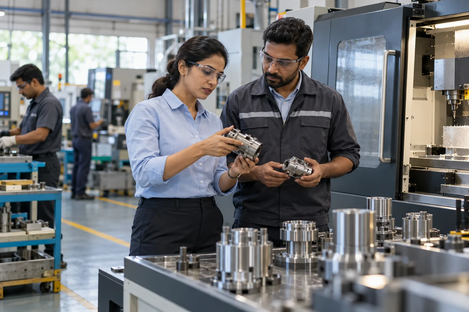 Indian manufacturing team reviewing precision components on a production floor